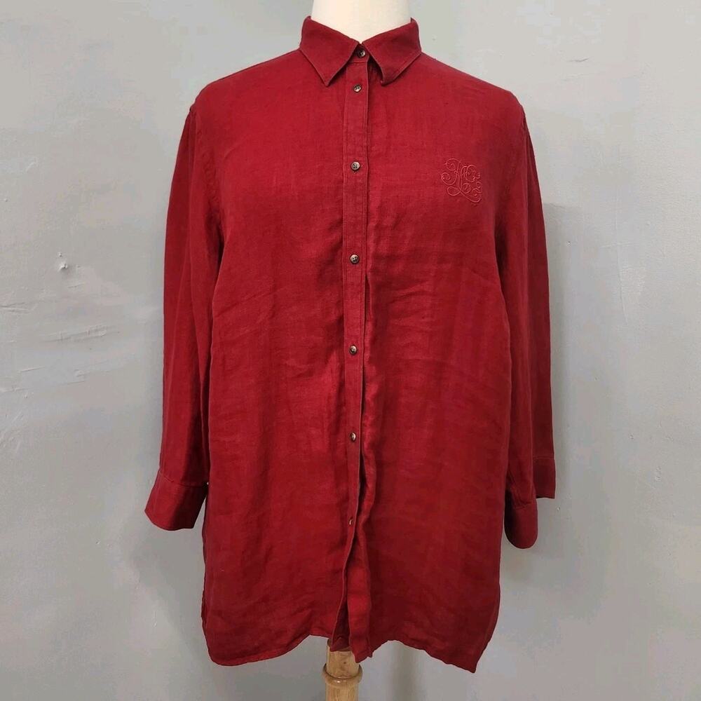 Lauren Ralph Lauren 2X 100% Linen Button Up Red Blouse Embroidered Logo